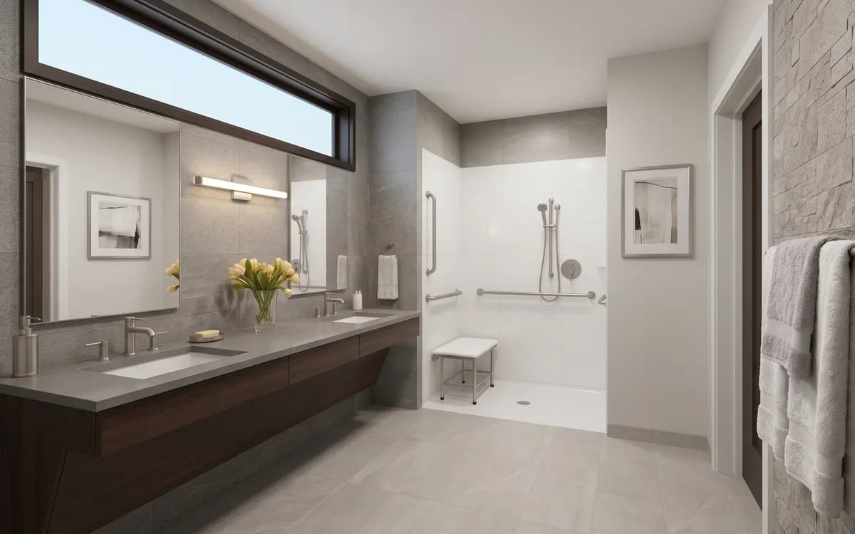 Barrier-free curbless shower with grab bars, a handheld sprayer and a shower bench, beside a wall-hung double vanity