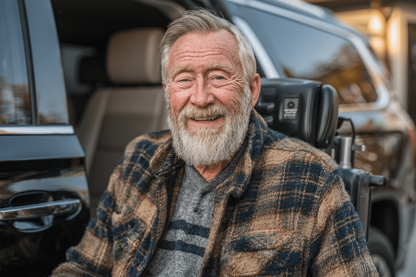 Elderly man smiling in power wheelchair